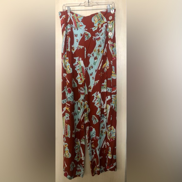 Loco Lindo Cinnamon NY Print Rayon High Waisted Palazzo Pants XXL Vintage Style - Picture 1 of 2